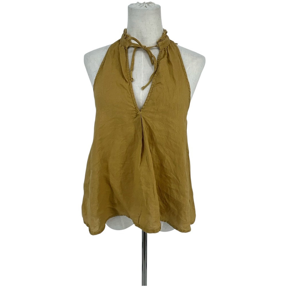 PILCRO Anthropologie Linen Yellow Halter Neck Ruffle Trim Tie Front Top XS